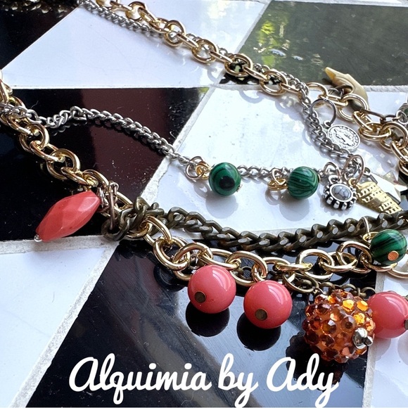 Malachite coral statement chunky layered multi charms bohemian necklace - Picture 7 of 7